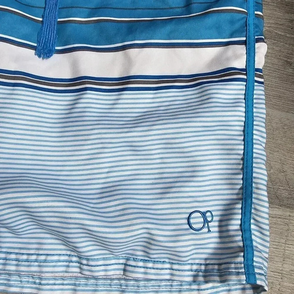 OP Men’s Medium 32 34 Swim Shorts Blue Surf Board Trunks Pockets Striped Grey - Picture 3 of 8